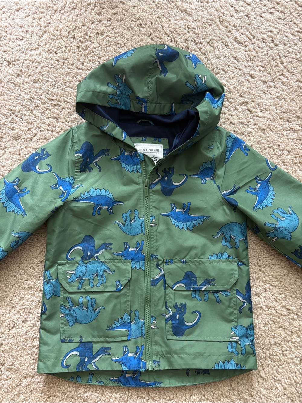 Carter's Green Hooded Raincoat with Blue Dinosaur Print